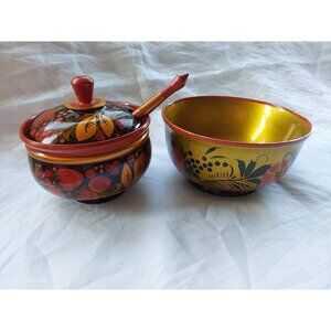 Two pieces of Russian khokhloma folkart wood bowls strawberries and red flowers